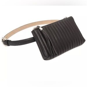 INC International Concepts Black Ribbed Leather Belt Bag
